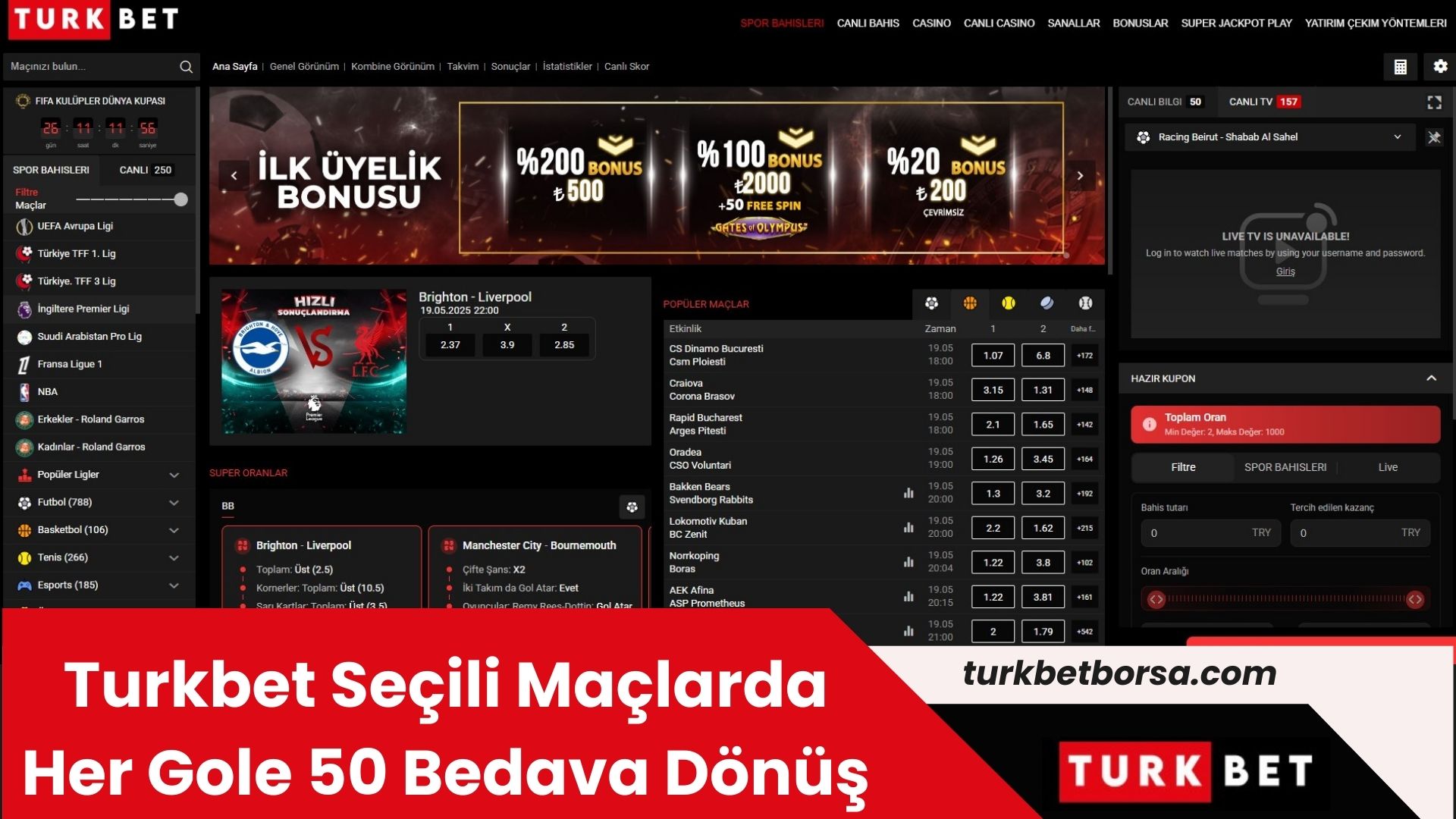 Turkbet Seçili Maçlarda Her Gole 50 Bedava Dönüş